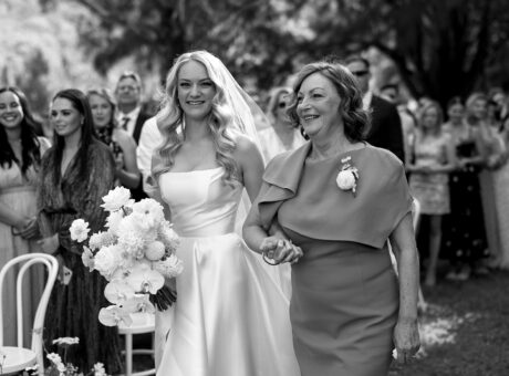 Mother of the bride walking her daughter down the isle at The Woodhouse Wollombi Hunter Valley